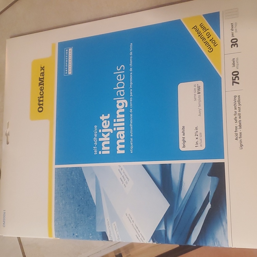 2 Packages Inkjet Mailing Labels 750 each 1in x 2 5/8in